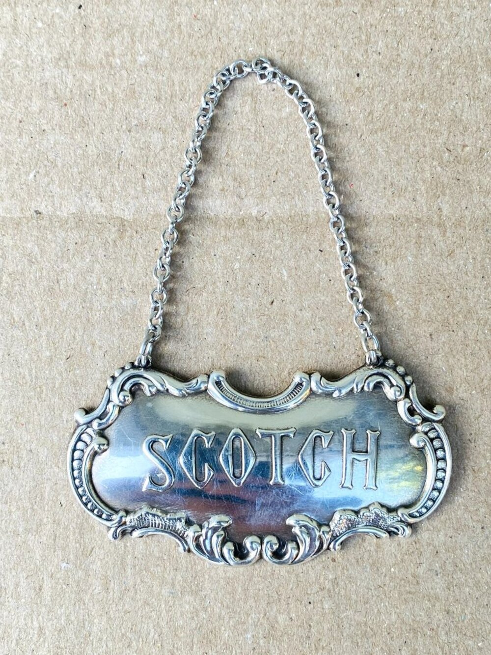 Vtg SCOTCH Gorham Sterling 349 with Rodium Plated Brass Chain Bottle Nameplate